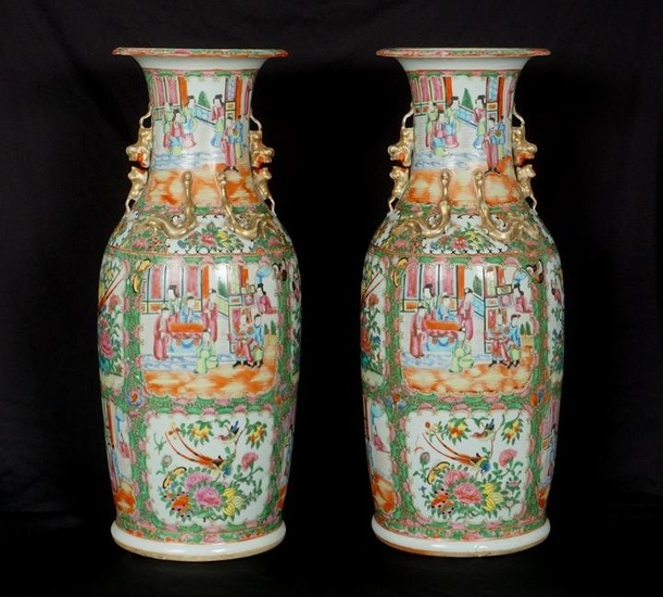 Pair Large Chinese 19th C. Rose Medallion Vases