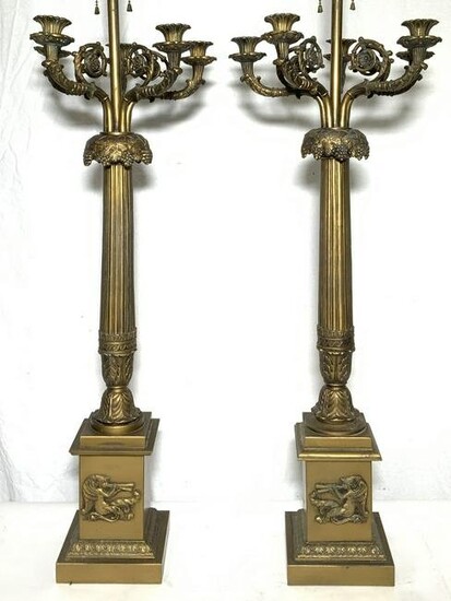 Pair Ornate Victorian 5 Arm Brass Lamps