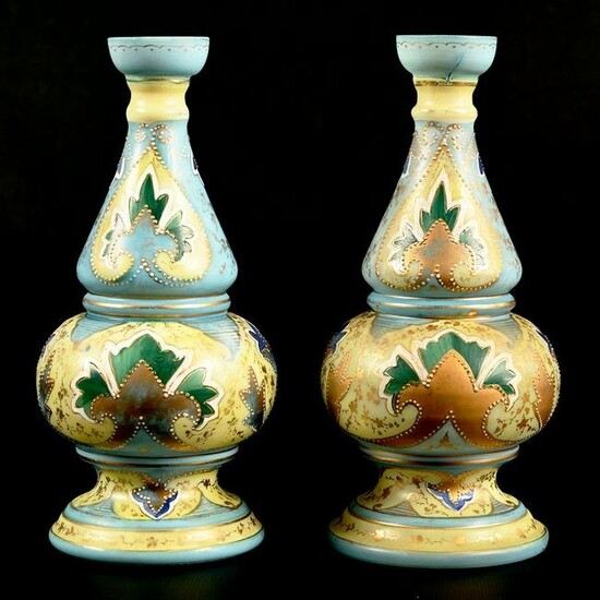 Pair Vases, White Opaque Art Glass, Decorated