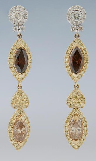 Pair of 14K Yellow Gold Dangle Earrings, with a white