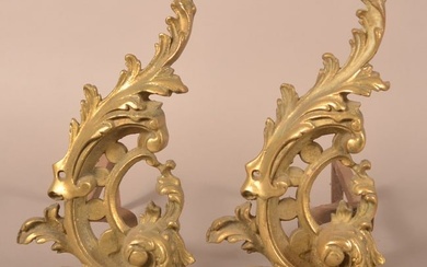 Pair of 19th C. Brass Foliate-Scroll Andirons.