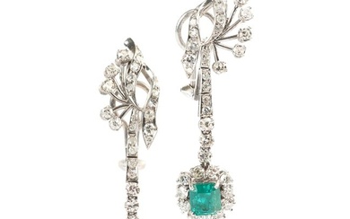 Pair of Emerald, Diamond, 14k White Gold Earrings.