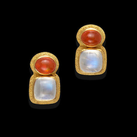 Pair of Fire Opal, Moonstone and High-Karat Gold Earrings