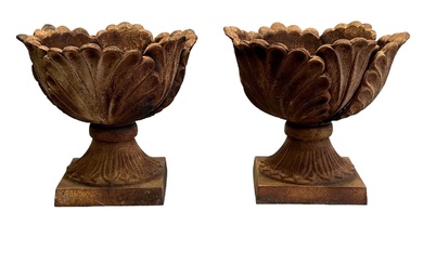 Pair of French Cast Iron Cabbage Leaf Urns 14"H, 15...
