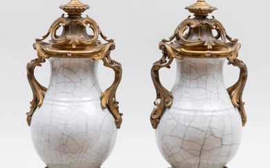 Pair of Louis XV Gilt-Metal-Mounted Chinese Crackle Glazed Lamps
