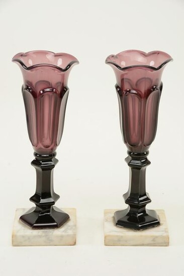 Pair of New England glass amethyst panel vases with