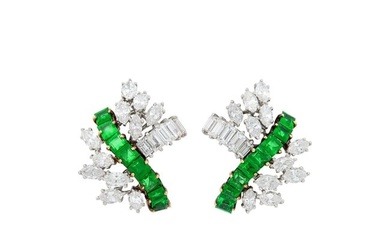 Pair of Platinum, Gold, Emerald and Diamond Earclips