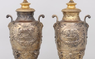 Pair of Renaissance Revival Gilt Bronze Covered Urns