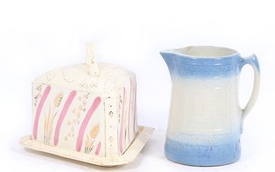 Pair of Victorian stoneware dishes: covered cheese dish with dome and blue and white salt glaze