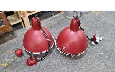 Pair of large industrial style pendant lights with red ename...