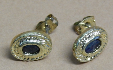 Pair of oval stud earrings with blue glass stones, gold...