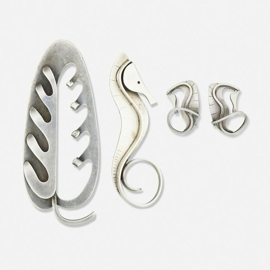 Paul Lobel, Two silver brooches and a pair of earrings