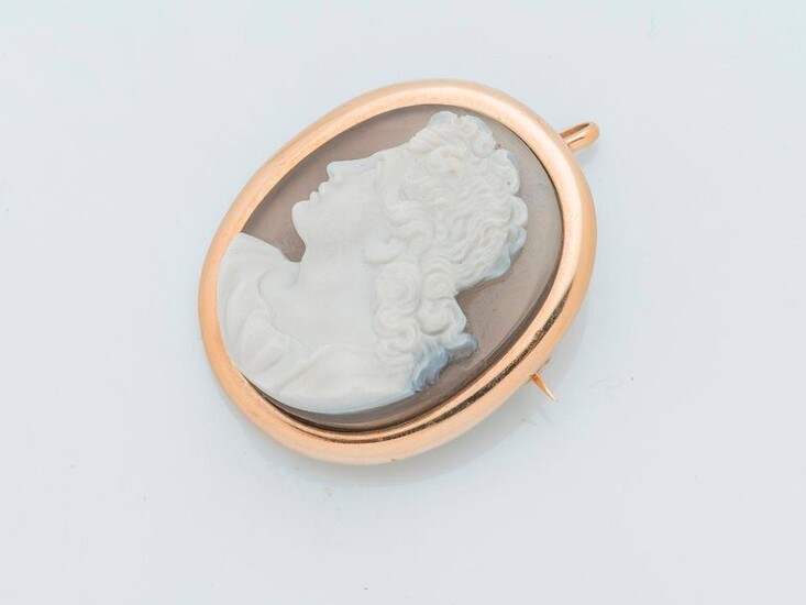Pendant brooch in 18 karat yellow gold (750 thousandths) adorned with a grey agate cameo depicting the profile of a young man.