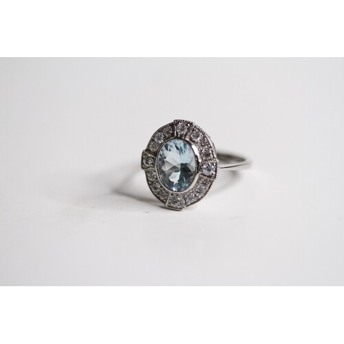 Platinum Oval Bezel Set Aquamarine And Diamond Cluster Ring,...