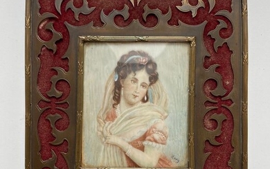 Portrait miniature, Elegant lady - Signed - Copper, Ivory - 19th century
