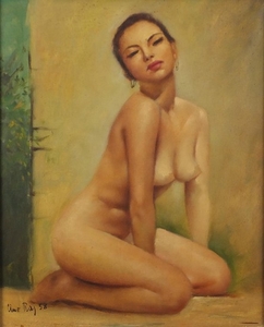 Portrait of a nude Oriental female, oil on canvas, bearing a...