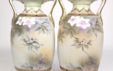 Pr of Nippon Pink Flower Gold Accent Vases