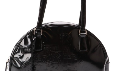 Prada Embossed Black Glazed Leather Bowler Bag
