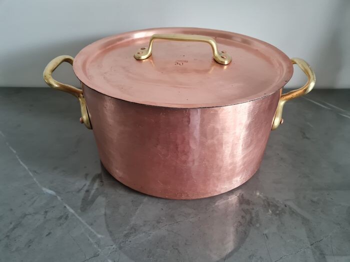 Professional thick-walled copper cooking pot H.Pommier Bruxelles with wrought iron handles (1) - Copper, Iron (cast/wrought)