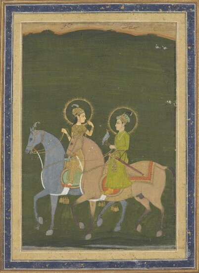 Property from an Important Private Collection A Princess and Prince out falcon hunting, Mughal India, 18th century, opaque pigments on paper heightened with gilt, both figures shown haloed and mounted, the falcon perched on his master's gloved...