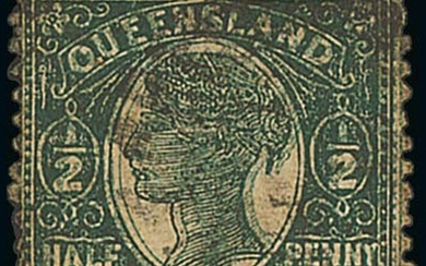 Queensland 1895-96 perf 12½, 13 ½d. dark green, printed double, a good used example with some...
