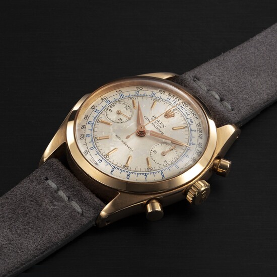 ROLEX, REF. 6232 OYSTER CHRONOGRAPH ANTIMAGNETIC, A RARE PINK GOLD MANUAL-WINDING CHRONOGRAPH