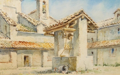 Roberto Raimondi, Italian 1877-1940- View of a well; watercolour, signed lower left, 36 x 56.5 cm