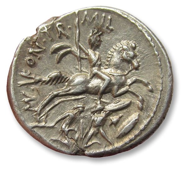 Roman Republic. P. Fonteius P.f. Capito, 55 BC. Silver Denarius,Rome mint 55 B.C. - very sharply struck example of this type