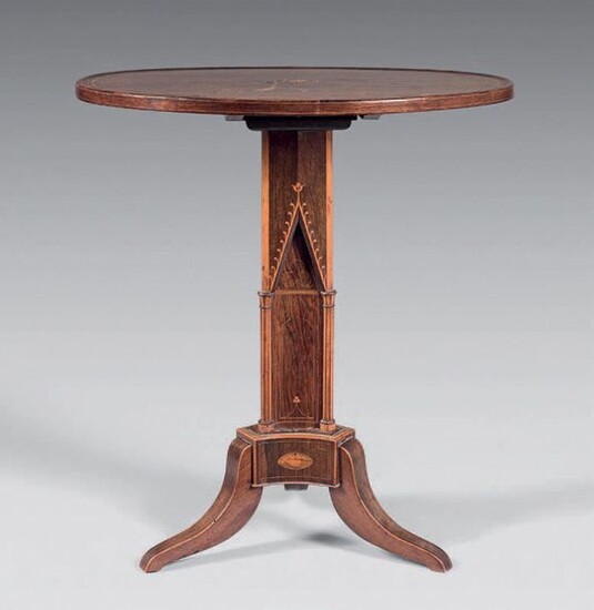 Rosewood pedestal table with tilting top inlaid with a radiating...