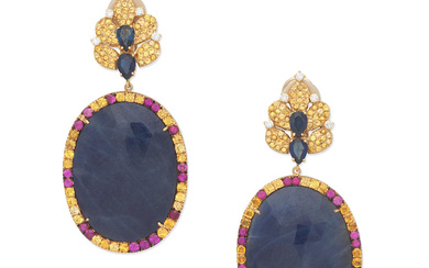 SAPPHIRE, DIAMOND AND GEM-SET PENDENT EARCLIPS