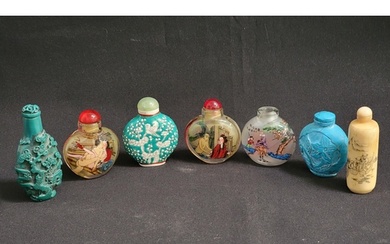SEVEN CHINESE SNUFF BOTTLES comprising a green ground exampl...