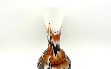 SPLENDOR OF COLORS OF THE 70S: VINTAGE MURANO GLASS VASE IN THE BRIGHT COLORS OF WHITE, ORANGE AND BLACK.