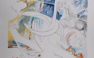 Salvador Dali (1904-1989) - La conquete du cosmos : L'unicorne laser désintègre les cornes de rhinocéros cosmiques