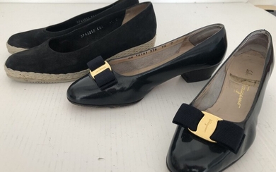SOLD. Salvatore Ferragamo: Vara bow pump, navy patent leather and a pair of black suede...