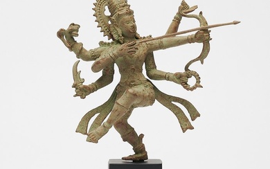 Sculpture, Sculpture of a Patinated Rama in a Dancing Pose with Bow and Arrow - 26 cm - Bronze