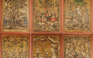 Scuola francese, secolo XVIII. Scene allegoriche e galanti. Sei diverse incisioni all'acquaforte policrome su carta intelata (cm 76x53) in cornici…