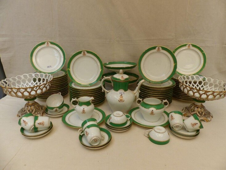 Brussels porcelain dessert service on a white background with green...