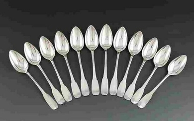 Set of 12 Belgian Sterling Silver Dessert Spoons, 19th