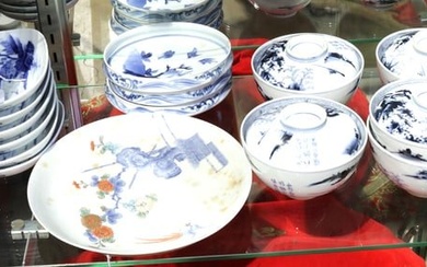 Set of mostly Japanese Arita porcelain dishes and bowls