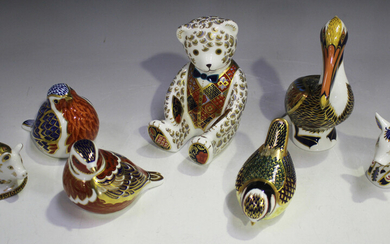 Seven Royal Crown Derby Imari paperweights, comprising brown pelican, robin, blue tit, another bird