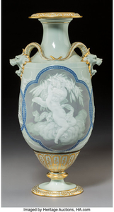 Sèvres Porcelain, A Sèvres Exhibition Pâte-sur-Pâte Celadon Glazed Porcelain Vase (circa 1867)