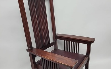 Signed Gustav Stickley Mahogany Arm Chair with original finish & leather seat marked (Als ik kan)