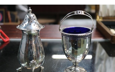Silver Sugar Caster on pad feet Silver panelled blue glass l...