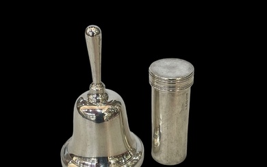 Silver table bell, Birmingham 1913, and silver cased shaving...