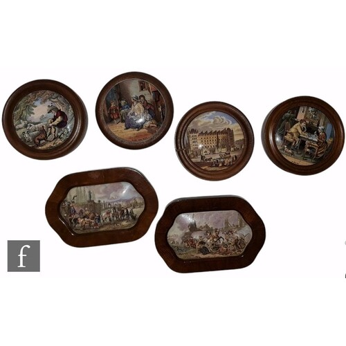 Six 19th Century framed Staffordshire pot lids comprising A ...