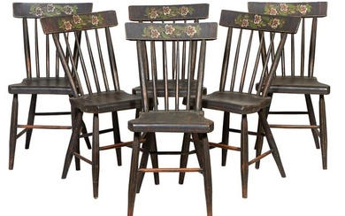Six American Painted Plank Seat Chairs, early 19th c., retailed by Didier Inc., H.- 32 in., W.- 15 i