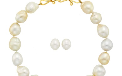 South Sea and Golden Baroque Cultured Pearl Necklace, Attributed to Maja DuBrul, and Pair of Earclips