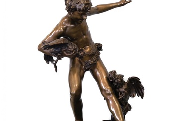 Statue en bronze de lauteur "Garçon et coqs" Paul CHEVRE. N - 75 cm. Represente...