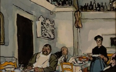 Steven Spurrier RA RBA ROI NS PS, British 1878-1961 - Study for 'Little Restaurant, Nice', 1924; watercolour on paper, signed, dated and inscribed lower right 'Spurrier 1924 Nice', 49 x 39 cm (ARR) Provenance: with the Yew Tree Cottage Gallery...