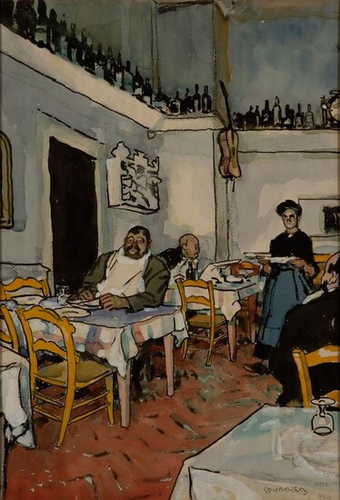 Steven Spurrier RA RBA ROI NS PS, British 1878-1961 - Study for 'Little Restaurant, Nice', 1924; watercolour on paper, signed, dated and inscribed lower right 'Spurrier 1924 Nice', 49 x 39 cm (ARR) Provenance: with the Yew Tree Cottage Gallery...